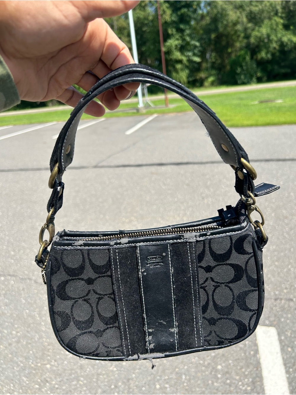Vintage Y2K Coach Black Signature C Mini Baguette Demi Shoulder Bag Leather